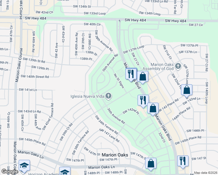 map of restaurants, bars, coffee shops, grocery stores, and more near 14185 Southwest 43rd Court Road in Ocala