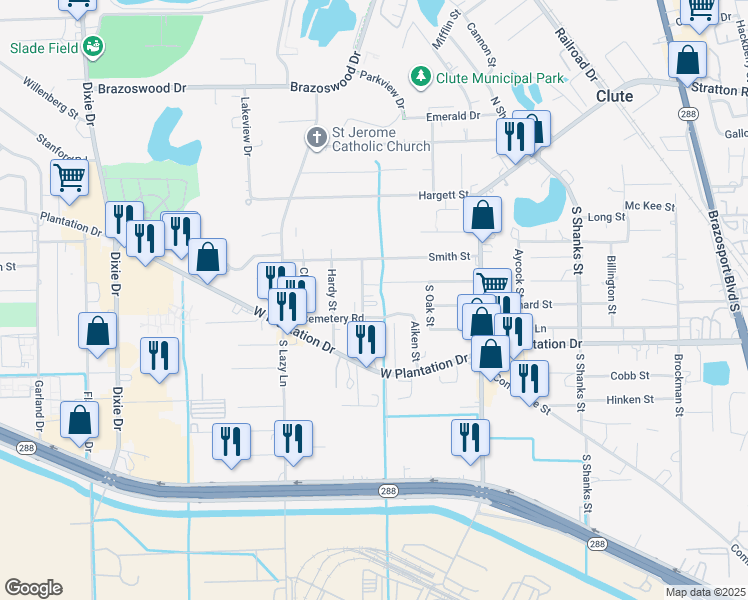 map of restaurants, bars, coffee shops, grocery stores, and more near 417 Mobile Lane in Clute