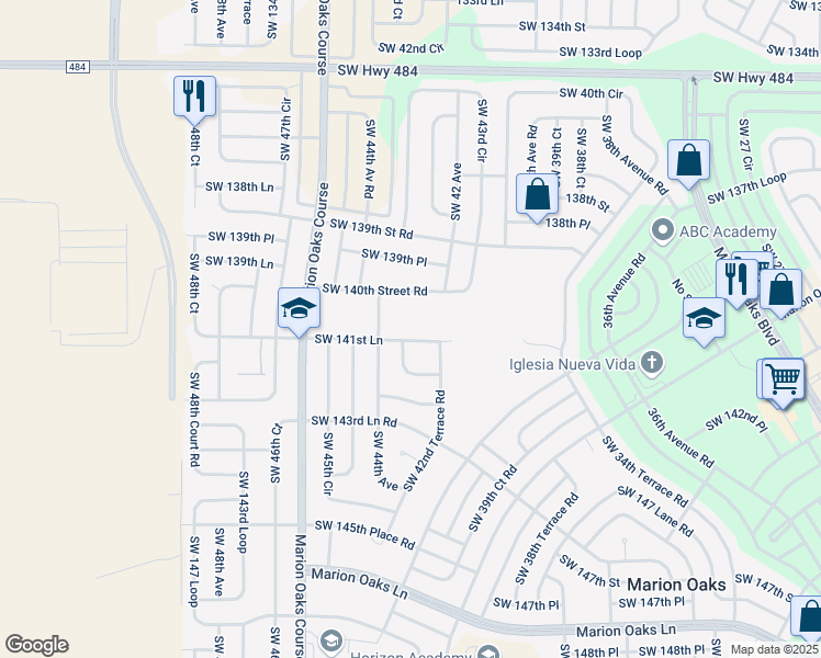 map of restaurants, bars, coffee shops, grocery stores, and more near 4345 141st Lane in Ocala