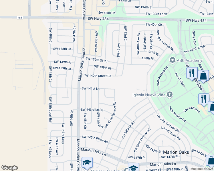 map of restaurants, bars, coffee shops, grocery stores, and more near 4345 141st Lane in Ocala