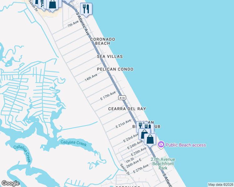 map of restaurants, bars, coffee shops, grocery stores, and more near 2701 South Atlantic Avenue in New Smyrna Beach