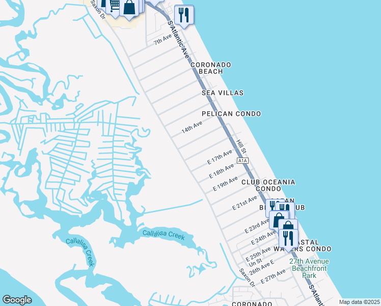 map of restaurants, bars, coffee shops, grocery stores, and more near 802 16th Avenue in New Smyrna Beach