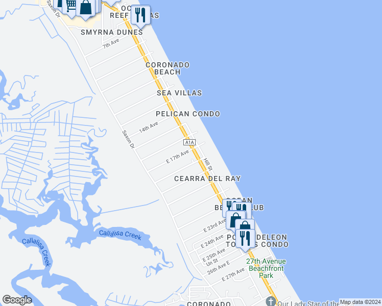 map of restaurants, bars, coffee shops, grocery stores, and more near 2702 South Atlantic Avenue in New Smyrna Beach