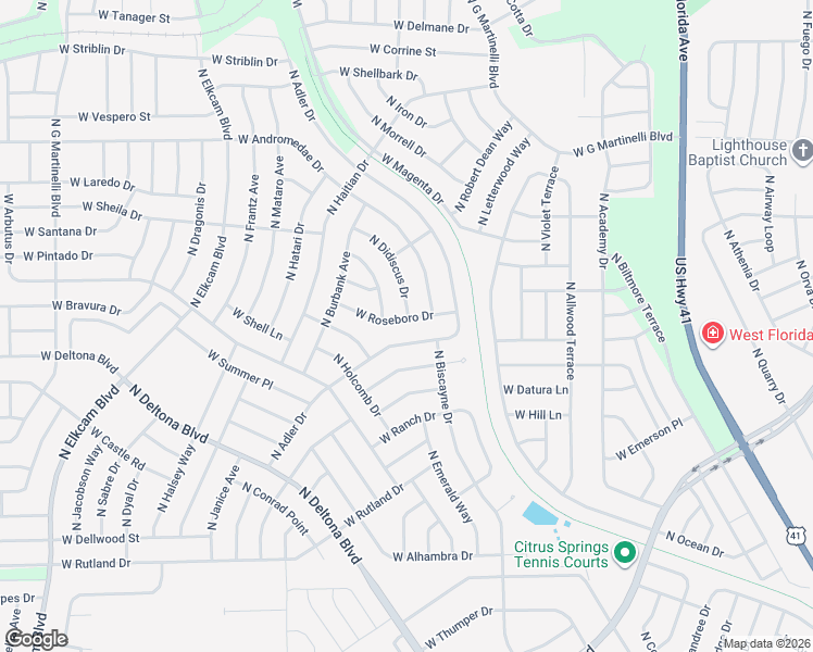 map of restaurants, bars, coffee shops, grocery stores, and more near 10597 North Didiscus Drive in Citrus Springs