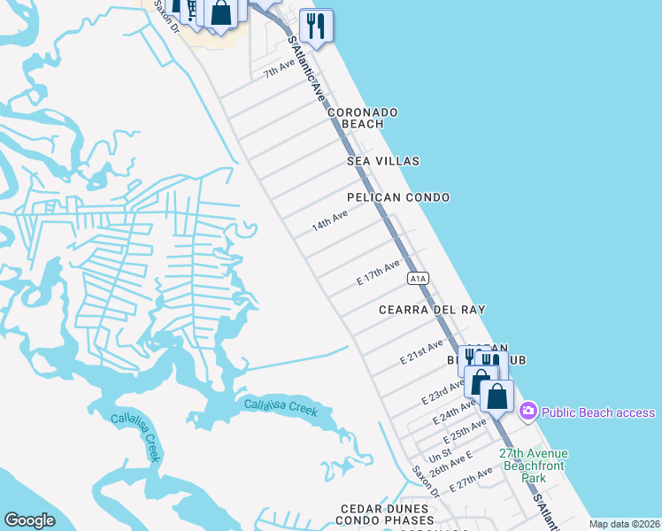map of restaurants, bars, coffee shops, grocery stores, and more near 804 16th Avenue in New Smyrna Beach