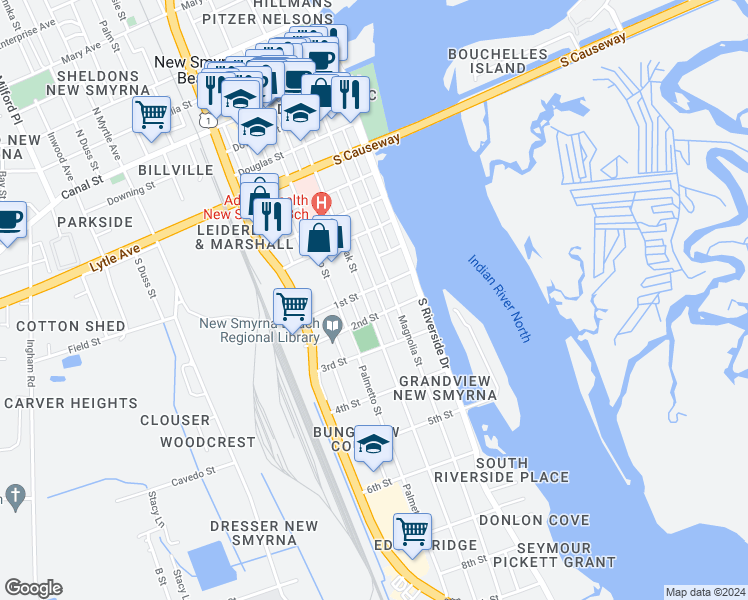 map of restaurants, bars, coffee shops, grocery stores, and more near 907 Live Oak Street in New Smyrna Beach