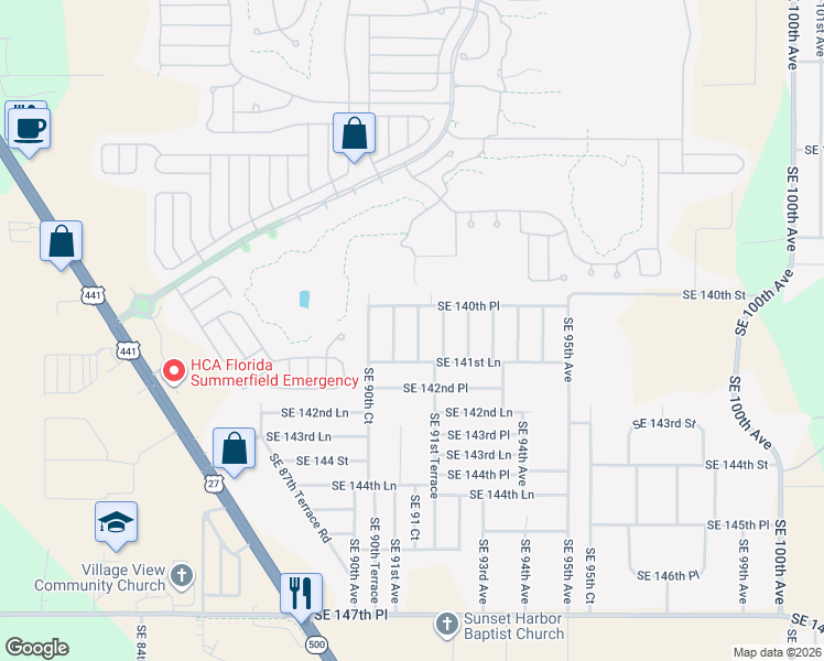 map of restaurants, bars, coffee shops, grocery stores, and more near 14074 Southeast 91st Court in Summerfield