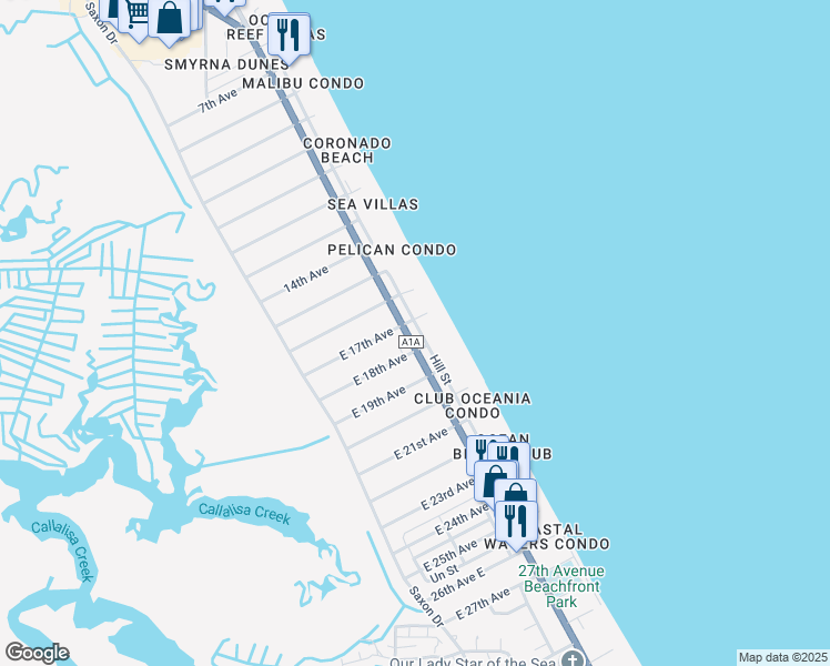 map of restaurants, bars, coffee shops, grocery stores, and more near 2701 South Atlantic Avenue in New Smyrna Beach