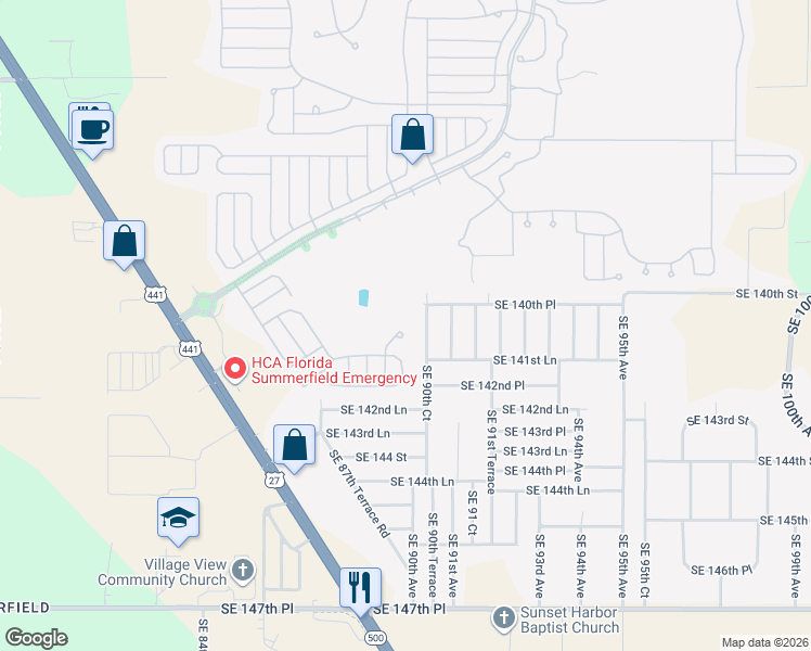 map of restaurants, bars, coffee shops, grocery stores, and more near 14100 Southeast 89th Court in Summerfield