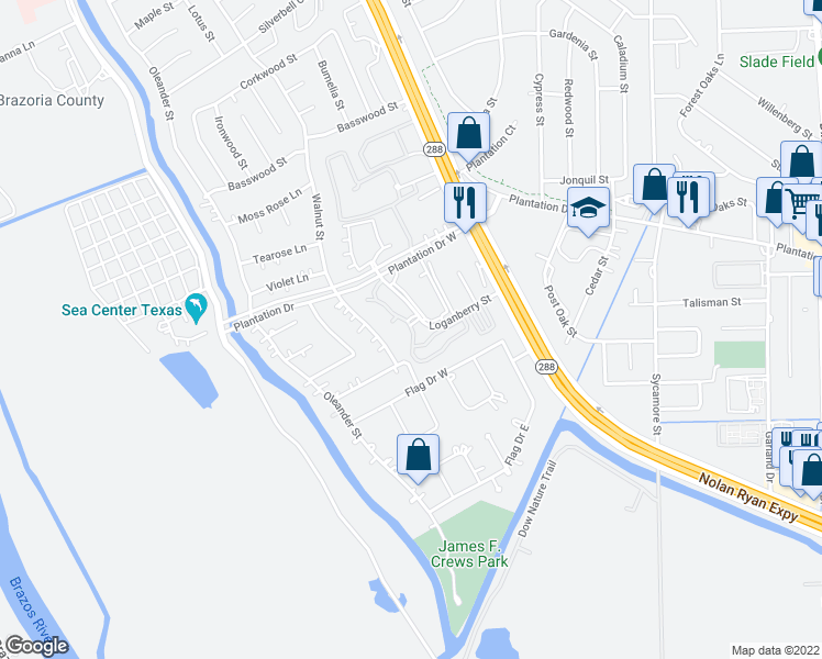 map of restaurants, bars, coffee shops, grocery stores, and more near 111 Loganberry Street in Lake Jackson