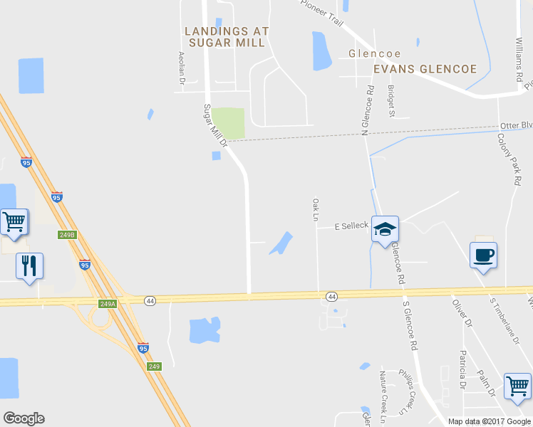 map of restaurants, bars, coffee shops, grocery stores, and more near 225 Sugar Mill Drive in New Smyrna Beach