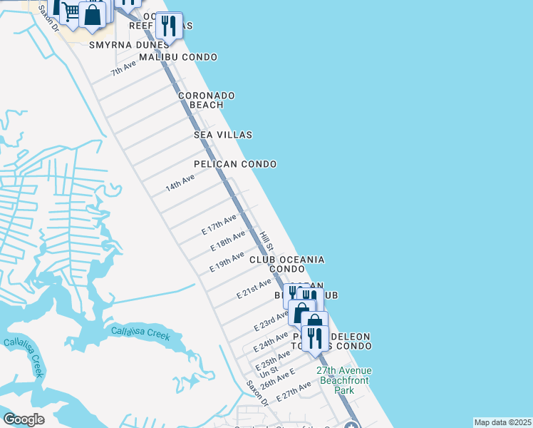 map of restaurants, bars, coffee shops, grocery stores, and more near 2707 Hill Street in New Smyrna Beach