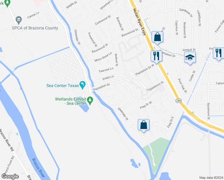 map of restaurants, bars, coffee shops, grocery stores, and more near 58 Nandina Court in Lake Jackson