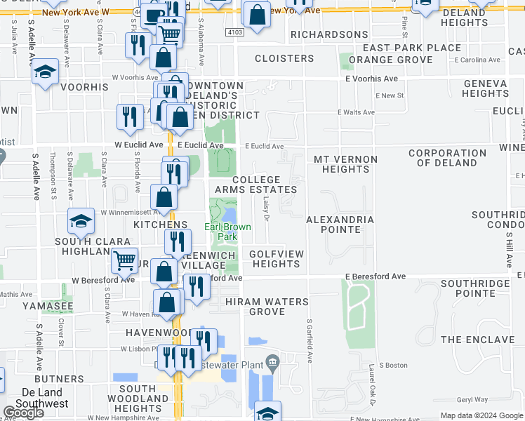 map of restaurants, bars, coffee shops, grocery stores, and more near 611 Laisy Drive in DeLand