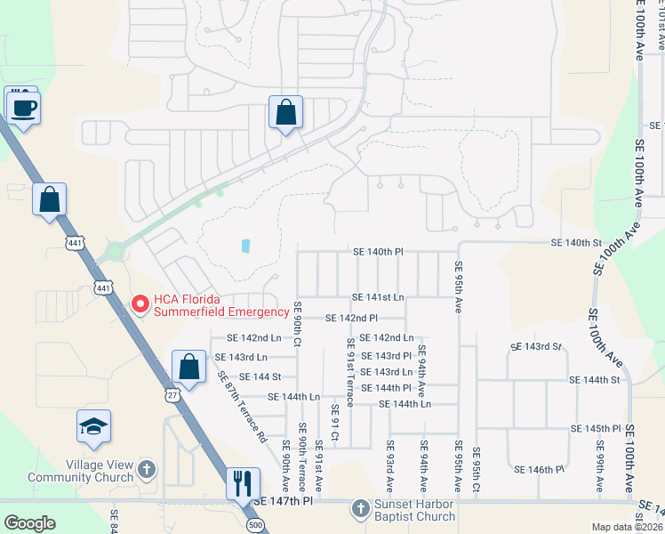 map of restaurants, bars, coffee shops, grocery stores, and more near 14074 Southeast 91st Court in Summerfield