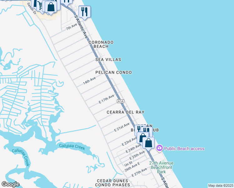 map of restaurants, bars, coffee shops, grocery stores, and more near 2701 South Atlantic Avenue in New Smyrna Beach