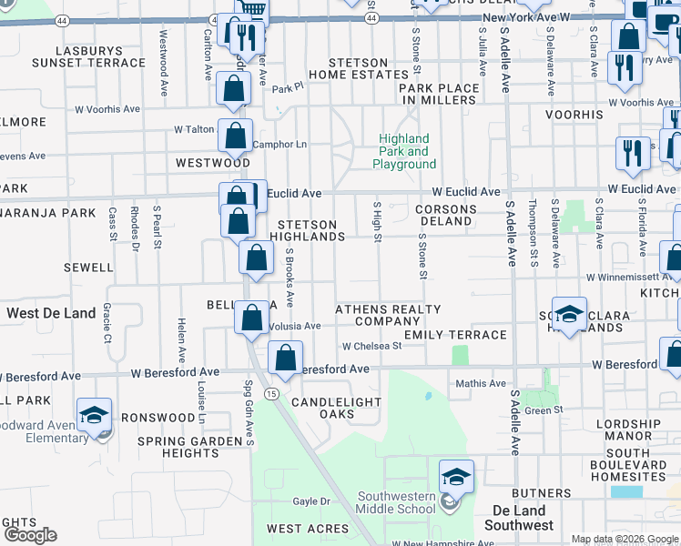 map of restaurants, bars, coffee shops, grocery stores, and more near 695 South Boundary Avenue in DeLand