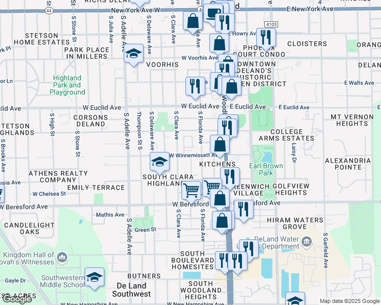 map of restaurants, bars, coffee shops, grocery stores, and more near 219 West Winnemissett Avenue in DeLand