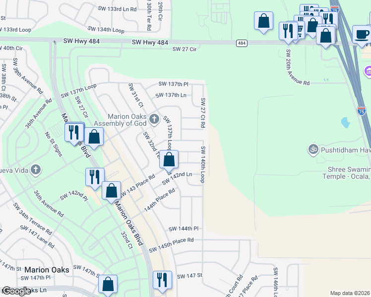 map of restaurants, bars, coffee shops, grocery stores, and more near 2933 Southwest 140th Place in Ocala