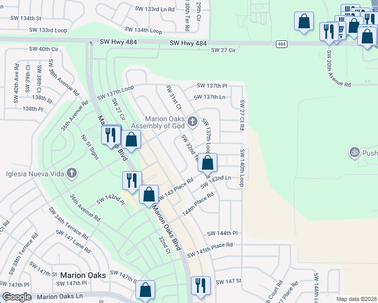 map of restaurants, bars, coffee shops, grocery stores, and more near 14050 Southwest 32nd Terrace Road in Ocala