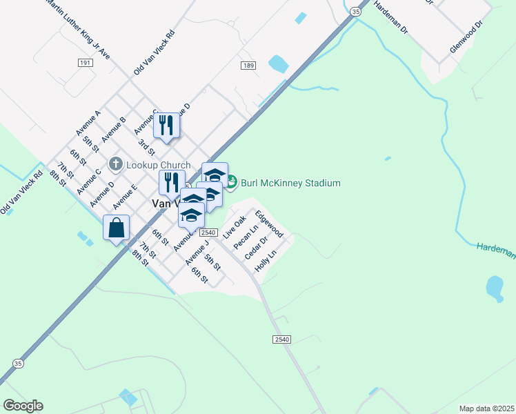 map of restaurants, bars, coffee shops, grocery stores, and more near 162 Edgewood in Van Vleck