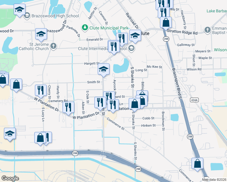 map of restaurants, bars, coffee shops, grocery stores, and more near 408 Aycock Street in Clute