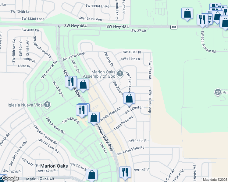 map of restaurants, bars, coffee shops, grocery stores, and more near 14050 Southwest 32nd Terrace Road in Ocala