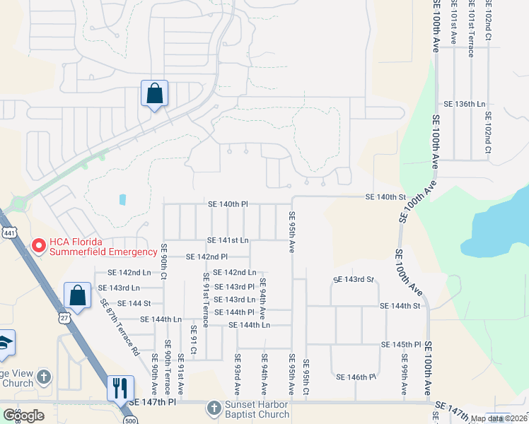 map of restaurants, bars, coffee shops, grocery stores, and more near 14055 Southeast 93rd Terrace in Summerfield