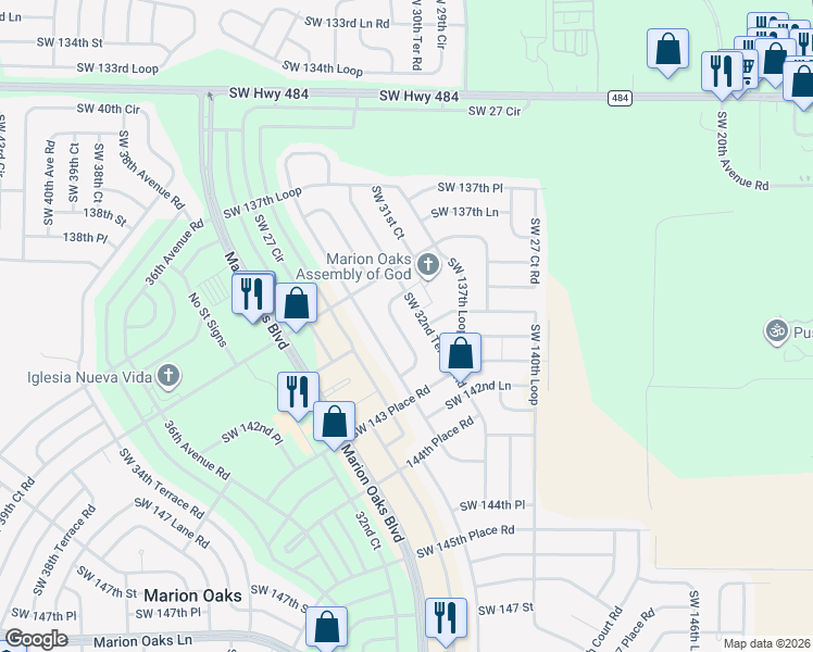map of restaurants, bars, coffee shops, grocery stores, and more near 14050 Southwest 32nd Terrace Road in Ocala