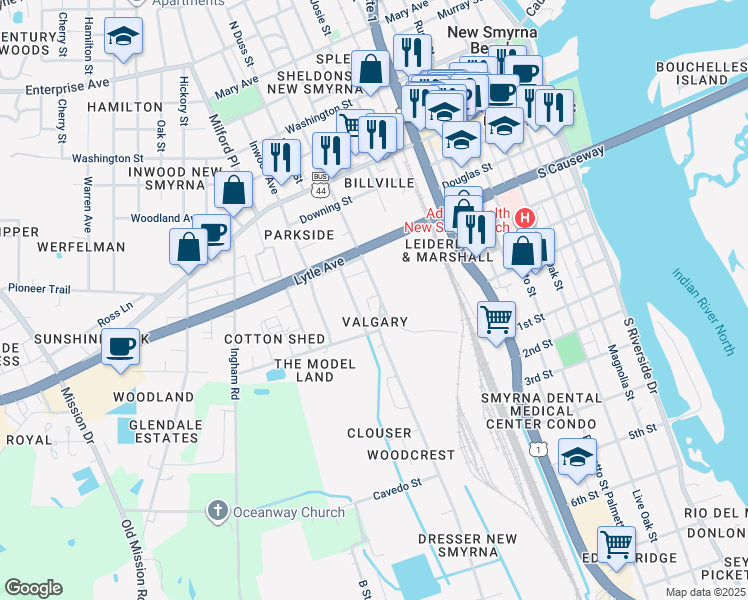 map of restaurants, bars, coffee shops, grocery stores, and more near 424 South Myrtle Avenue in New Smyrna Beach