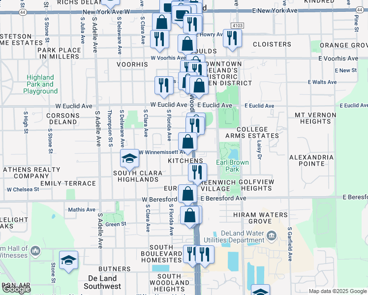 map of restaurants, bars, coffee shops, grocery stores, and more near 644 South Woodland Boulevard in DeLand