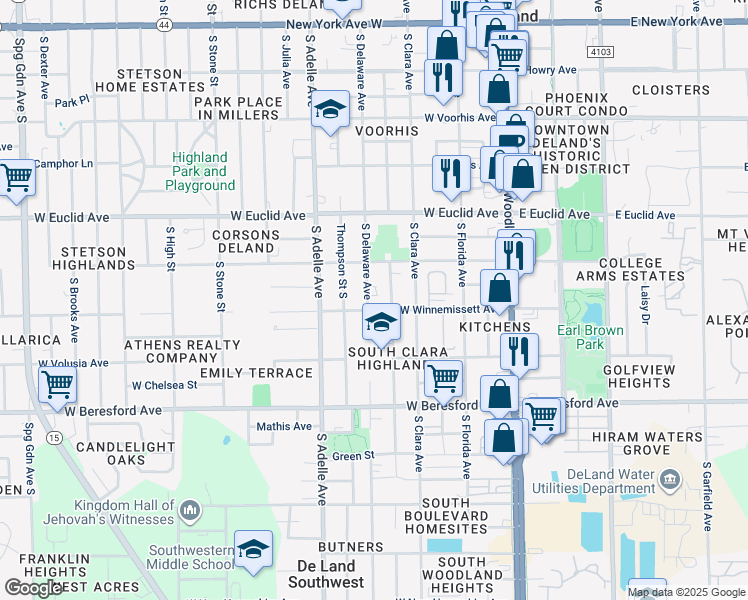 map of restaurants, bars, coffee shops, grocery stores, and more near 651 South Delaware Avenue in DeLand