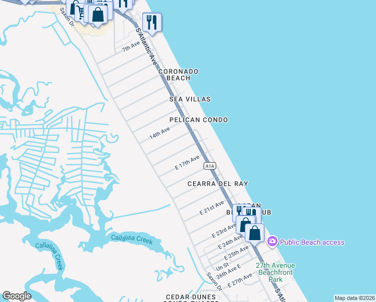 map of restaurants, bars, coffee shops, grocery stores, and more near 835 16th Avenue in New Smyrna Beach
