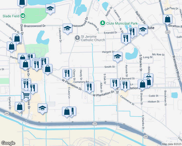 map of restaurants, bars, coffee shops, grocery stores, and more near 417 Mobile Lane in Clute