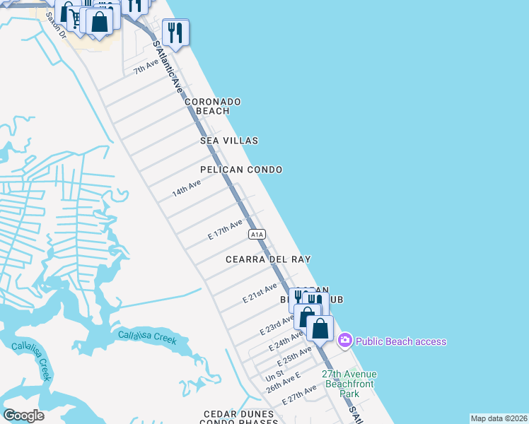 map of restaurants, bars, coffee shops, grocery stores, and more near 2701 Hill Street in New Smyrna Beach