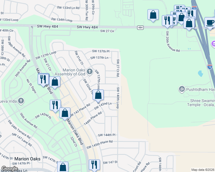 map of restaurants, bars, coffee shops, grocery stores, and more near 2933 Southwest 140th Place in Ocala