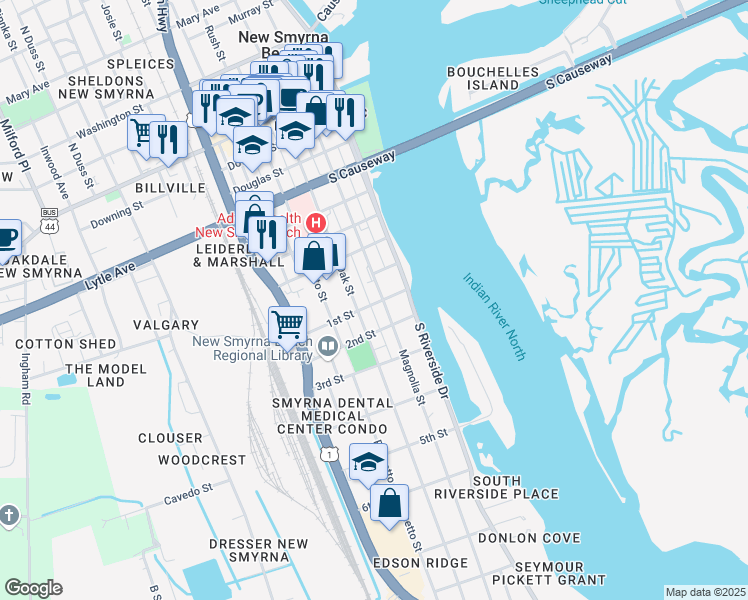 map of restaurants, bars, coffee shops, grocery stores, and more near 810 Magnolia Street in New Smyrna Beach