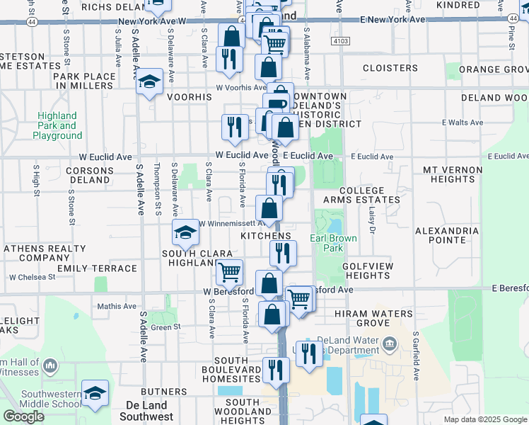 map of restaurants, bars, coffee shops, grocery stores, and more near 151 West Winnemissett Avenue in DeLand