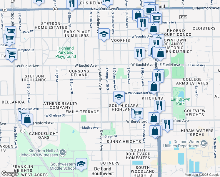 map of restaurants, bars, coffee shops, grocery stores, and more near 425 West Winnemissett Avenue in DeLand