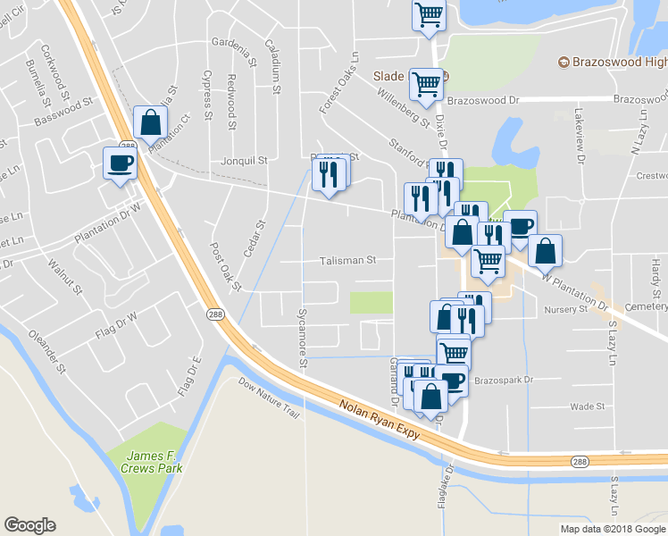map of restaurants, bars, coffee shops, grocery stores, and more near 114 Talisman Street in Lake Jackson