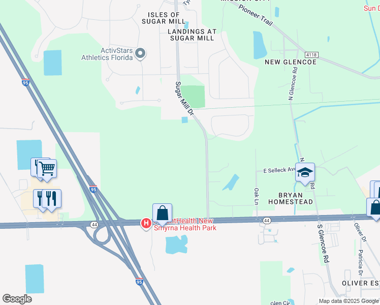 map of restaurants, bars, coffee shops, grocery stores, and more near 225 Sugar Mill Drive in New Smyrna Beach
