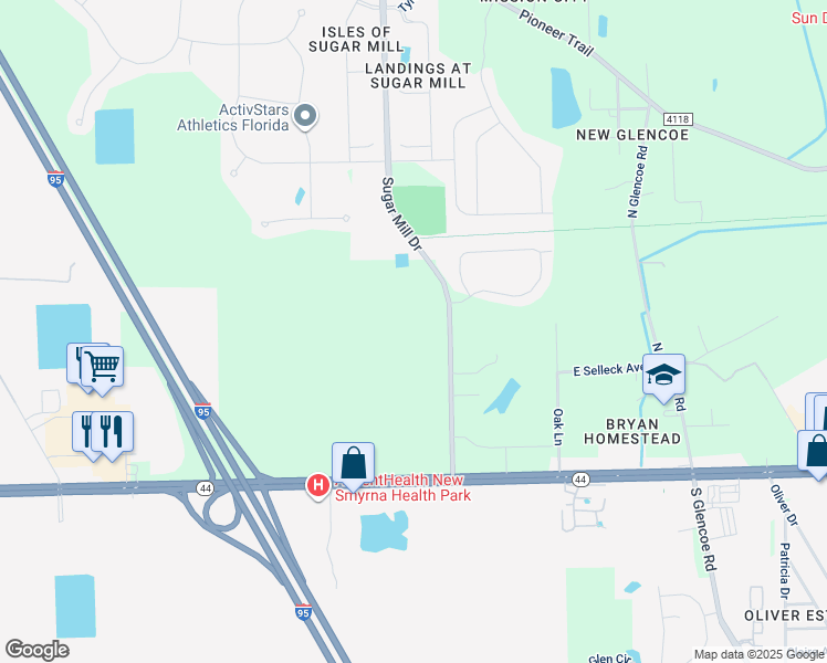 map of restaurants, bars, coffee shops, grocery stores, and more near 225 Sugar Mill Drive in New Smyrna Beach