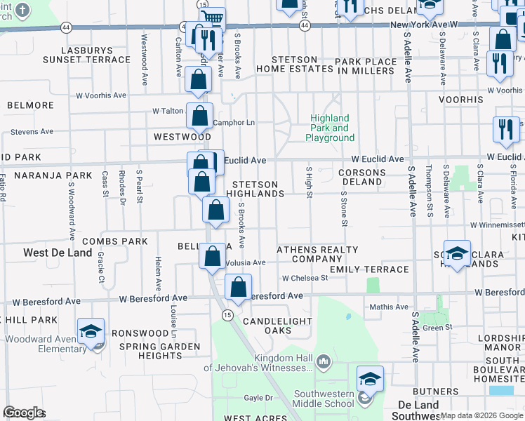map of restaurants, bars, coffee shops, grocery stores, and more near 609 South Montgomery Avenue in DeLand