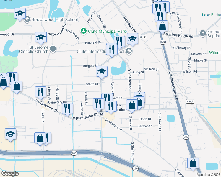 map of restaurants, bars, coffee shops, grocery stores, and more near 408 Aycock Street in Clute