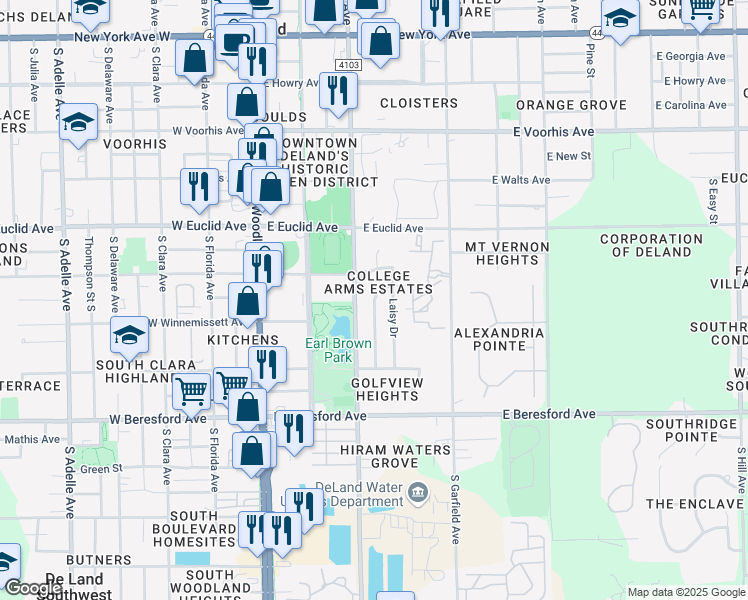 map of restaurants, bars, coffee shops, grocery stores, and more near 608 South Larry Drive in DeLand