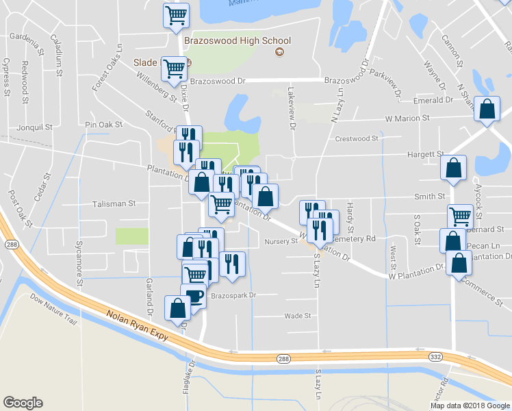 map of restaurants, bars, coffee shops, grocery stores, and more near 906 W Plantation Dr in Clute