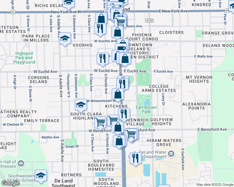 map of restaurants, bars, coffee shops, grocery stores, and more near 644 South Woodland Boulevard in DeLand