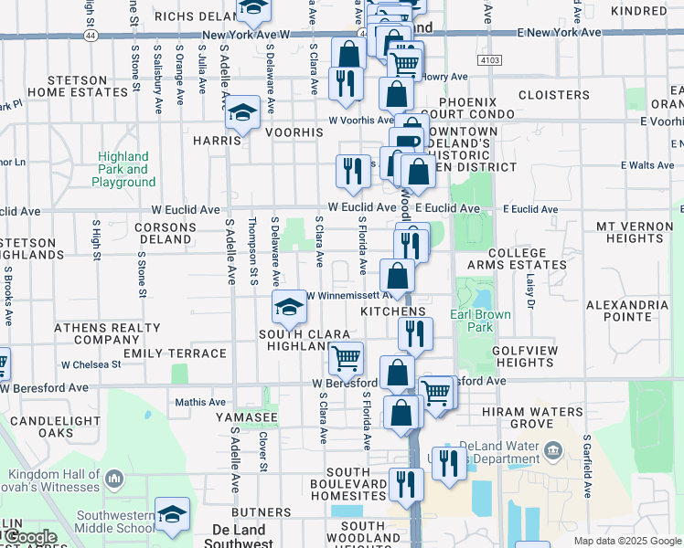 map of restaurants, bars, coffee shops, grocery stores, and more near 219 West Winnemissett Avenue in DeLand