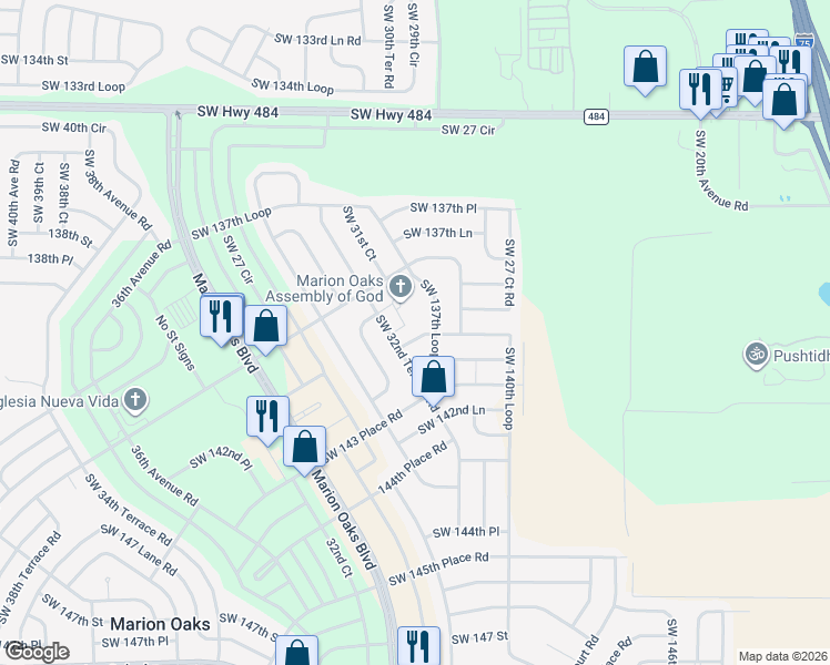 map of restaurants, bars, coffee shops, grocery stores, and more near 2920 Southwest 137th Loop in Ocala