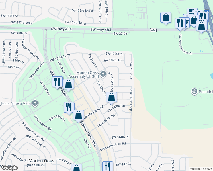 map of restaurants, bars, coffee shops, grocery stores, and more near 2920 Southwest 137th Loop in Ocala